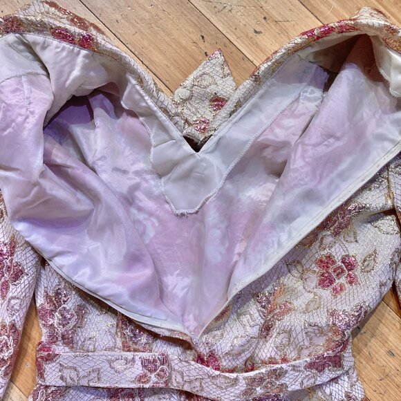 Vtg 60s 70s Maxi Hostess Dress Gown Pink Gold Floral Holiday Brocade Formal L - Picture 5 of 6